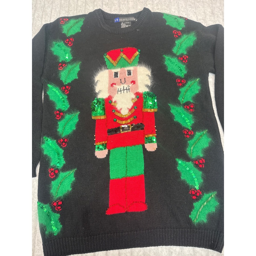IB Diffusion Vintage Nutcracker Christmas Sweater Beaded Sequin Black Small